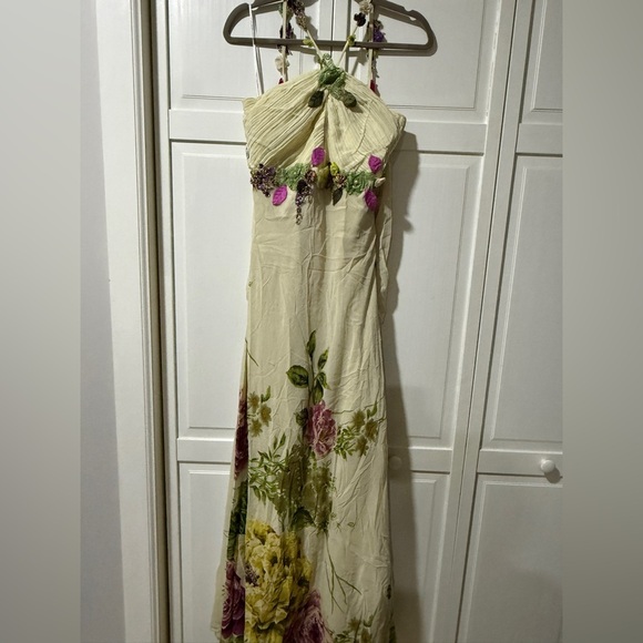 Dresses & Skirts - Elegant Cream Floral Maxi Dress with Green and Pink Accents